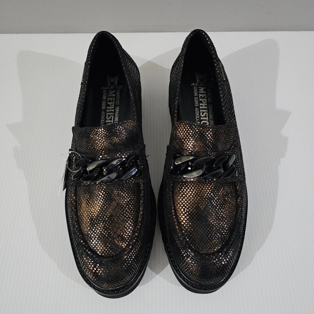 Mephisto Salka Lug Sole Loafer 6.5 Gold Snake Print Leather Chunky Slip On NEW - Picture 4 of 13